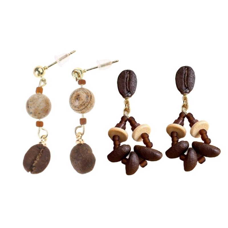 Unique Coffee Bean Studs Earrings for Fashion Enthusiasts Lightweight Wood Beaded Ear Pendants Jewelry for Daily Wear