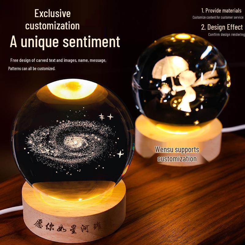 3D Starry Sky Crystal Ball Night Light with Solid Wood Base - Luminous Desktop Ornament & Birthday Gift