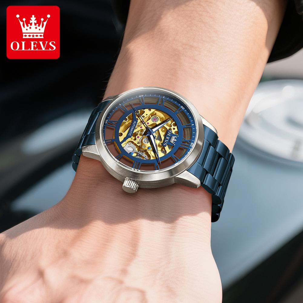 OLEVS Mens Watch Skeleton Automatic Mechanical Watch Stainless Steel Luminous Watches For Man Original Luxury Business Gifts