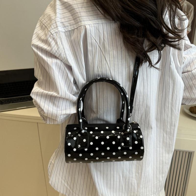 Korean Style Polka Dot Purse Mini Barrel Crossbody Bag for Women Top Handle Handbag for Daily Outings