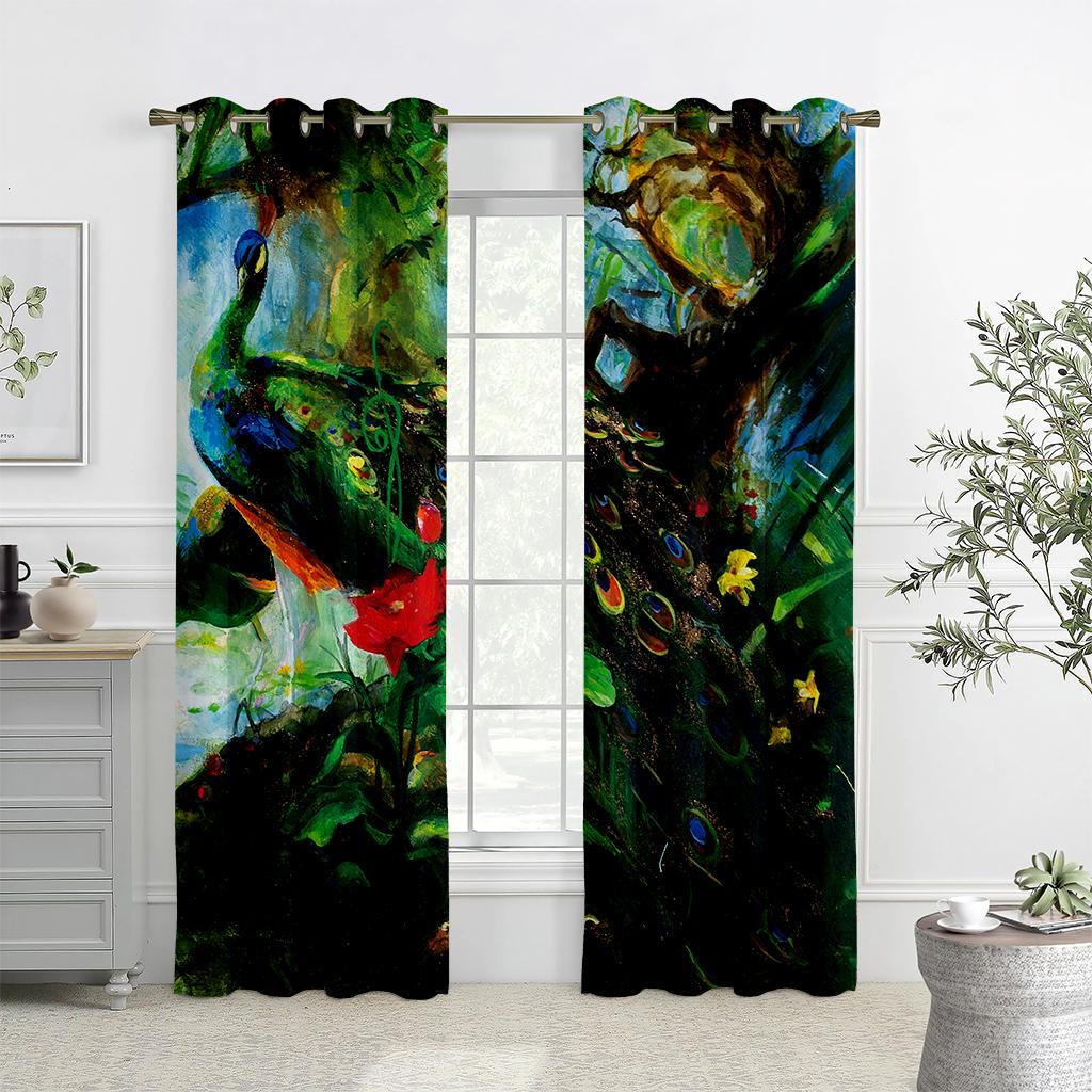 Chinese Style Retro Curtains Animal Peacock Pattern Living Room Bedroom Decorative Home Decoration Curtain Set Of 2 Made Polyester With Rod Pocket