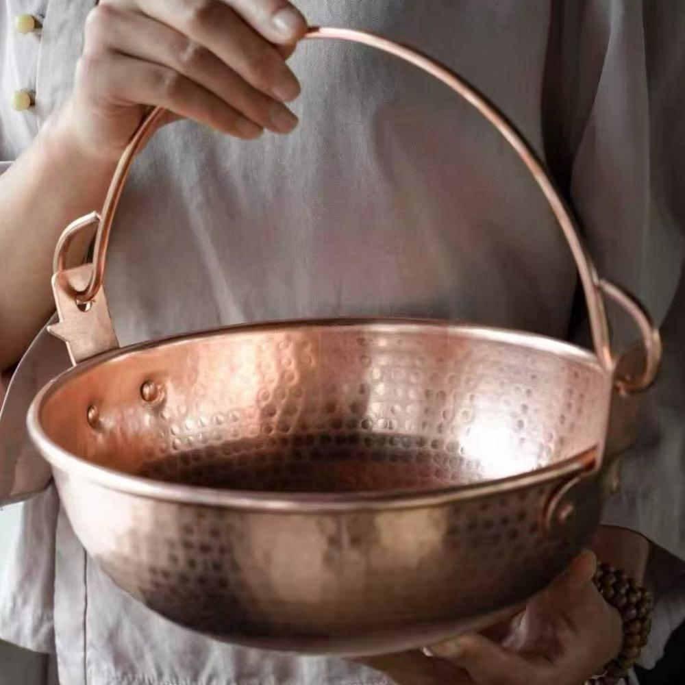 Vintage Copper Hanging Pot,Outdoor Camping Thickened Pot Cooking Utensil Simmering Pasta Stewing,Handcrafted Hammer Texture Pot