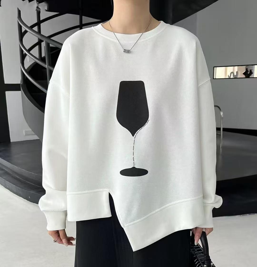 

DIMANAF 2025 Пуловер Осенняя футболка с пуговицами Женская печать Асимметричный длинный рукав Свободный Белый Черный One Size белый