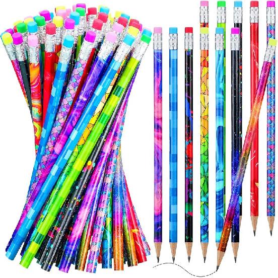 Chinco Wooden Pencil with Eraser for Kids Colorful Pencils Bulk Writing Fun Assorted Novelty Kids Fun School Supplies for Classroom Gifts Teacher