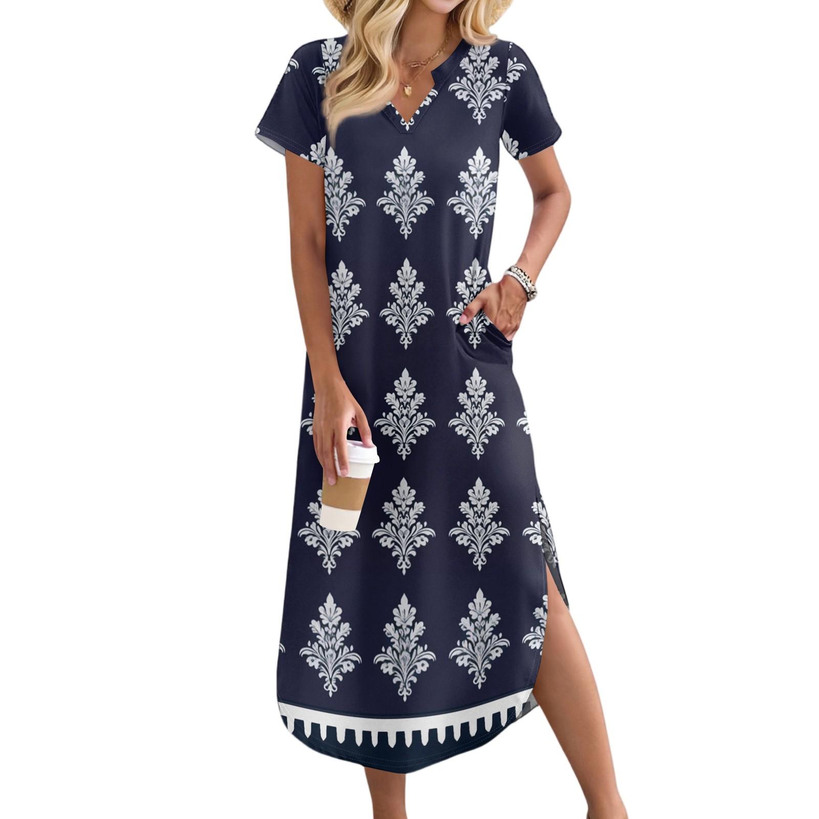 

Женские повседневные удобные платья с V-образным вырезом, свободным подолом с разрезом, короткими рукавами, с цветочным принтом, длинные L темно-синий