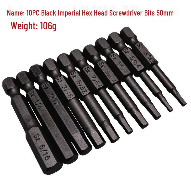 10-Piece 50mm Imperial Hex S2 Steel Magnetic Screwdriver Bits