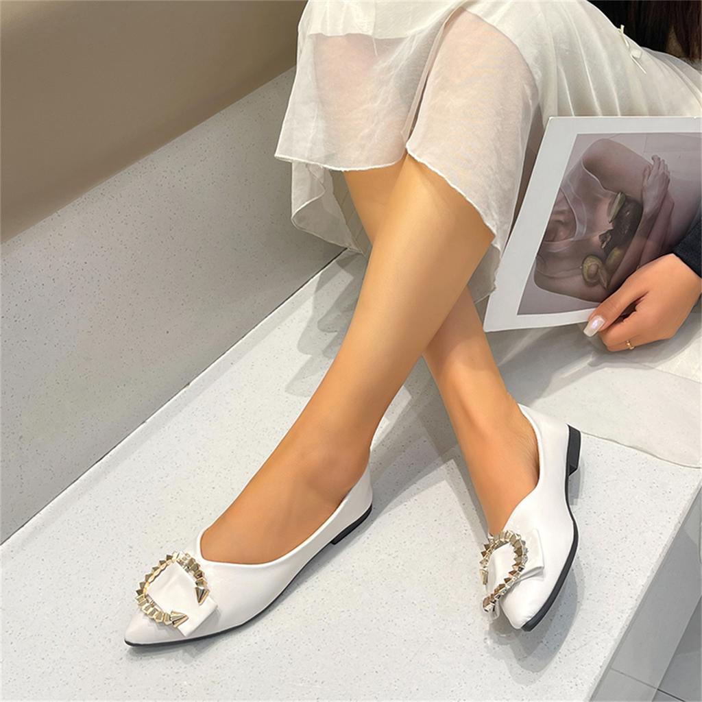 Sweet Flats Women Summer Casual Leather Slip on Pointed Toe Fashion Shoes for Women Solid Metal Buckle Casual Platform Flats