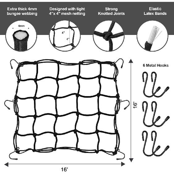 Cargo Nets For Motorcycle Helmet 16"X16" Elastic Bungee Net Storage Featuring 6 Hooks Tight 2"X2" Mesh Luggage Strap Rack Expansion Organizer Net