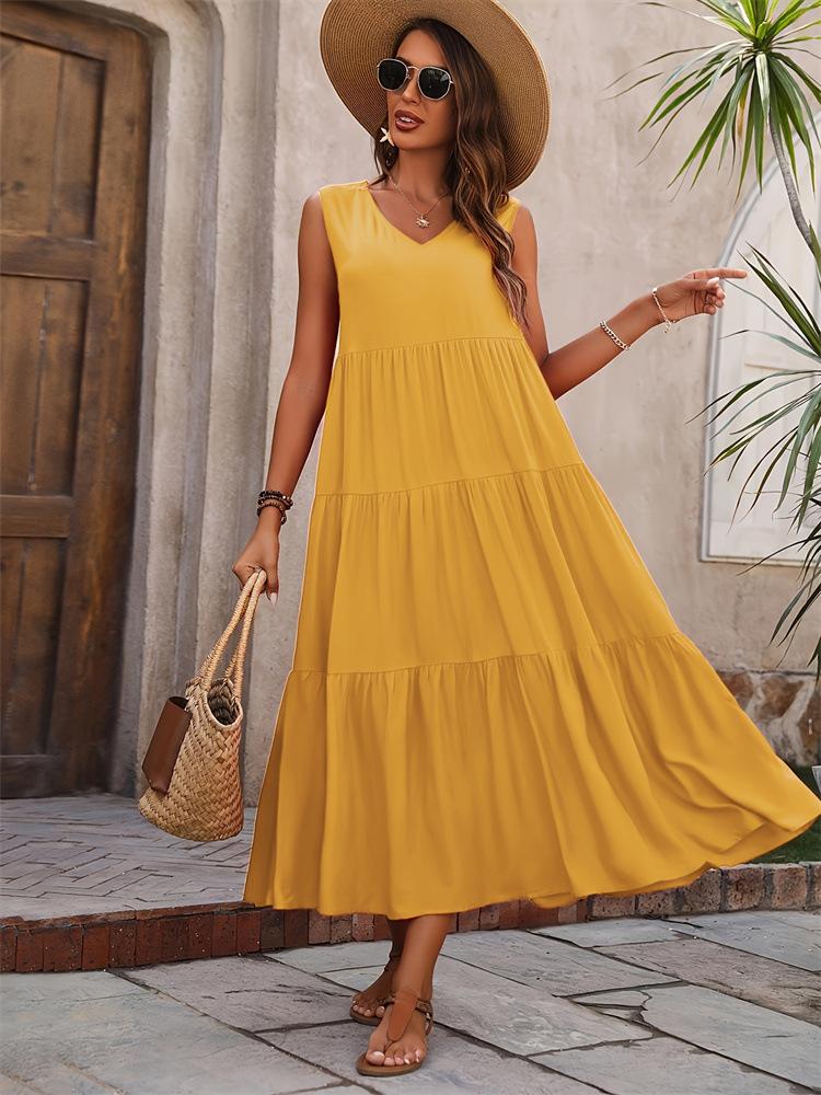 

Women s Sleeveless V-Neck Maxi Dress with Ruffled Hem and High Slit, Elegant Flowy Summer Dress in Multiple Colors XXL імбирний