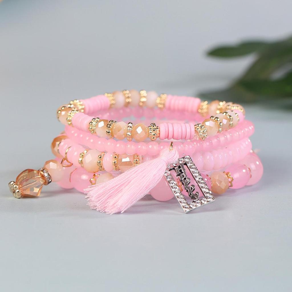 Bohemian Beaded Bracelet Set with Rectangular Tassel Pendant