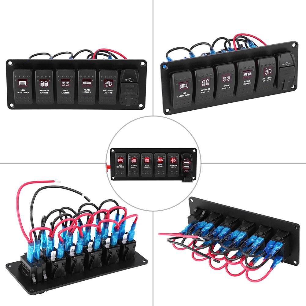 12V-24V 6 Gang Red LED Rocker Switch Panel with 3.1A Dual USB for Car RV Boat Yacht Marine
