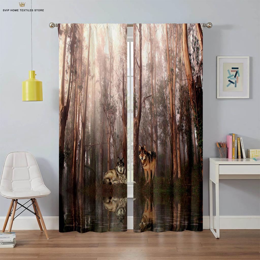 Tier Star und Wolf 3D-gedruckte Vorhänge, Geeignet für Schlafzimmer, Wohnzimmer, Arbeitszimmer, Küche, Fensterdekoration, 2 Stück