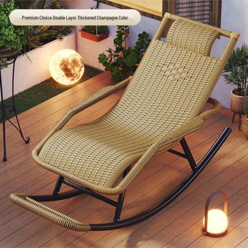 Adult Rattan Rocking Chair: Steel-Framed Recliner for Leisure and Napping on Balconies