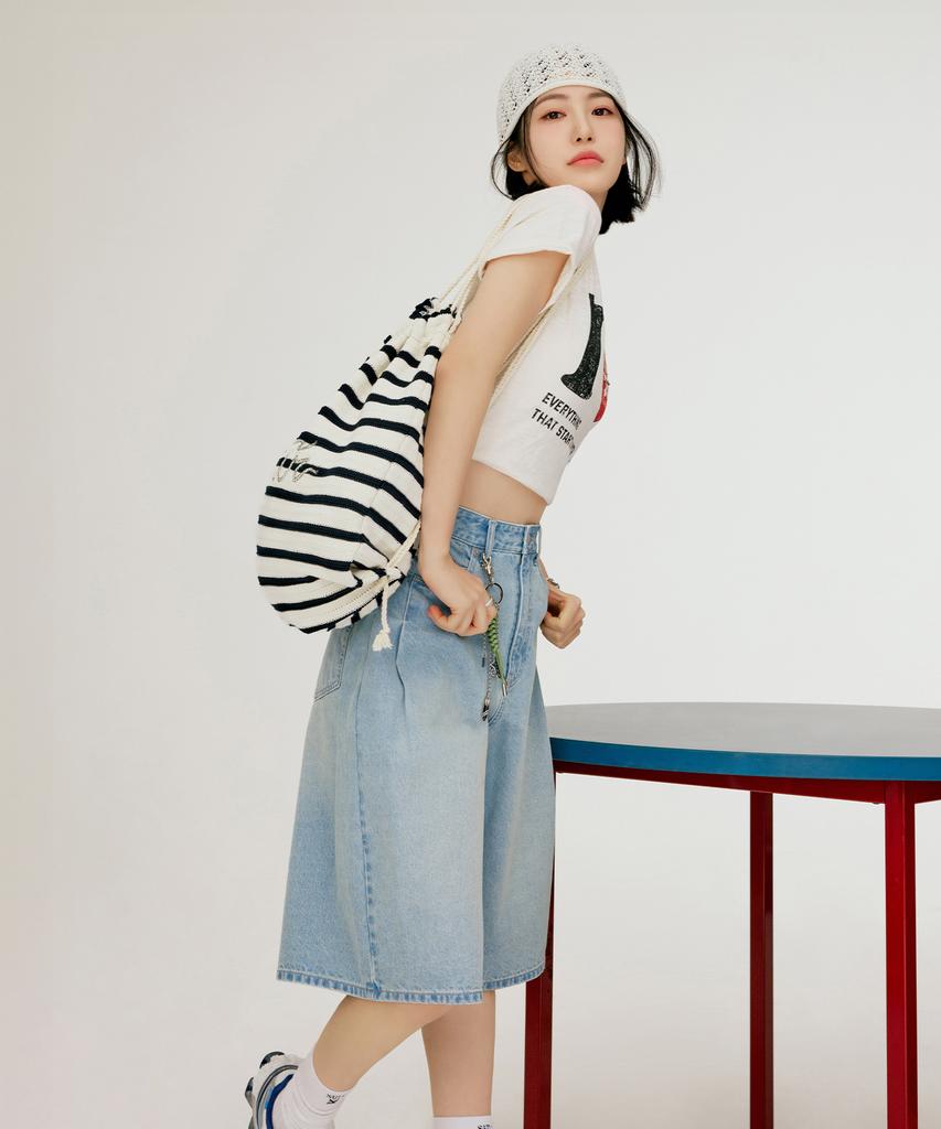 Seteo Pleated Bermuda Washed Denim Shorts Light Blue