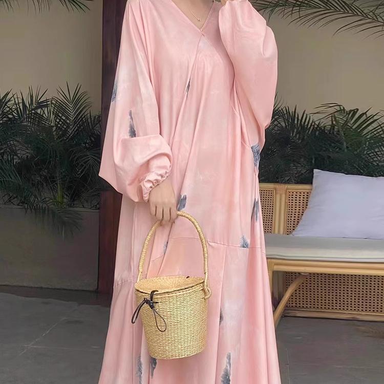 Mode Korean Chic Frühling Sommer Retro Urlaub Stil V-Ausschnitt Tinte Print Design lose lässig Fledermaus Ärmel Kleid Frauen