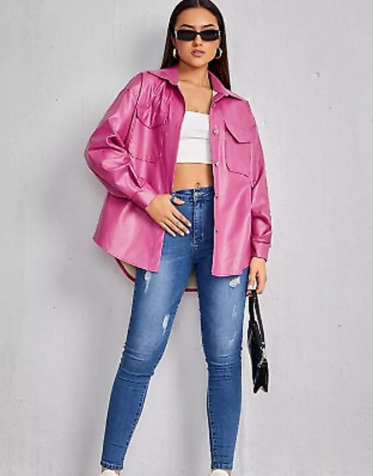 

Рубашка ручной работы из натуральной стильной мягкой кожи ягненка, дизайнерская женская, повседневная, розового цвета 3XL розовый