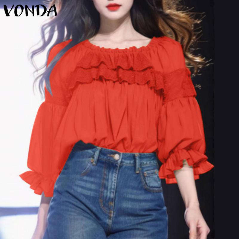 VONDA Damen Sommer Rundhals 3/4-Ärmel Spitze Patchwork Rüschen Lässige Lockere Bluse