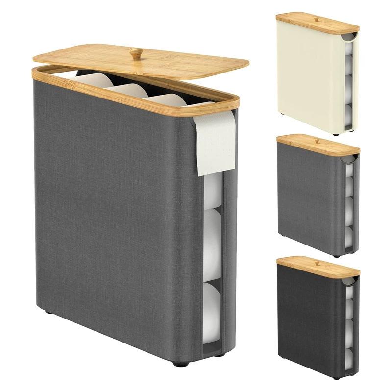 Transparent Bathroom Storage Box with Lid, Bamboo Foldable Napkin and Paper Roll Organizer