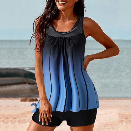 2Pcs/Set Women Summer Tankini Set O-Neck Sleeveless Padded Printing Tops Solid Color Mid-rise