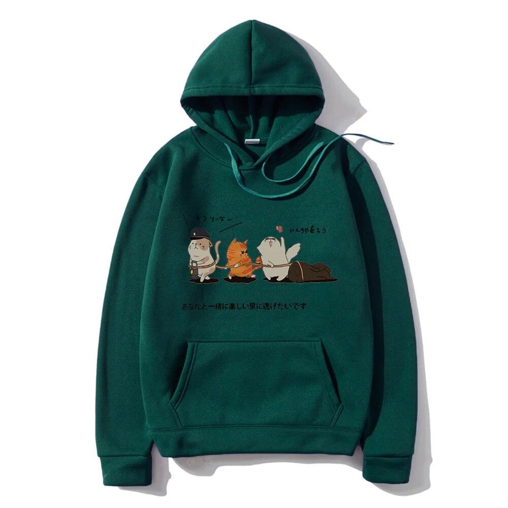 Men Hip Hop Unisex's Hoodies Streetwear Japanese Kanji Harajuku Funny Cat Unisex Hoodies Sweatshirts Autumn Winter Oversized Clothing