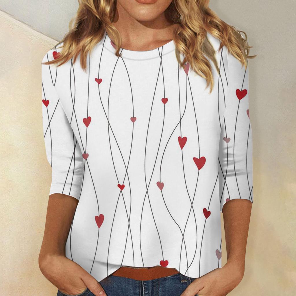 Damski top z nadrukiem walentynkowym, modny, casualowy, z rękawem 3/4 i okrągłym dekoltem