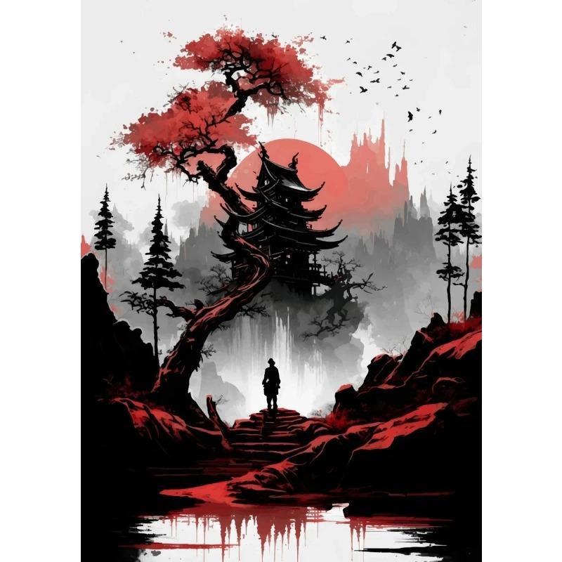 Japanische Naturlandschaft Poster Drucke Abstrakt Roter Baum Und Pavillon Landschaft Leinwandmalerei Wandkunst Für Wohnzimmerdekor
