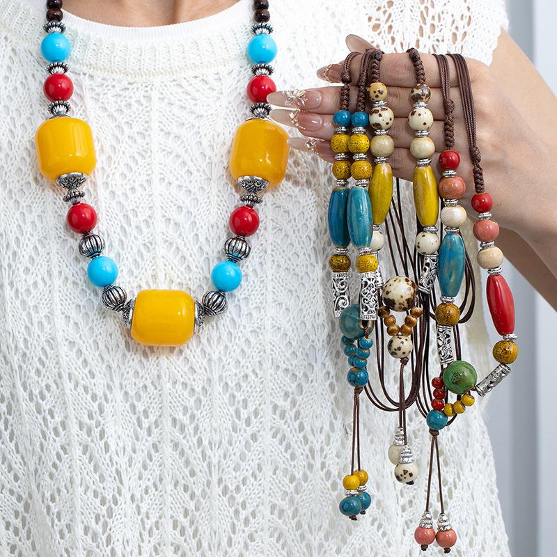 Jingdezhen Ceramic Non-Fading Necklace Ethnic Style Sweater Chain Antique Woven Rope Long Neck Chain