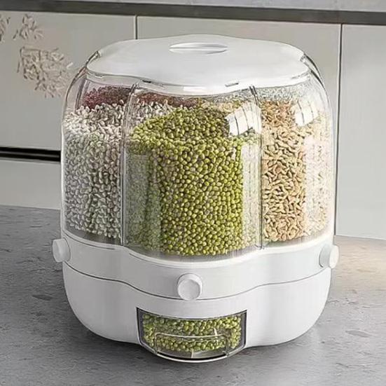 Rotating Grain Storage Bin Large Capacity 6 Grids Design Moisture-Proof Transparent Rice Container Cereal Dispenser Bucket
