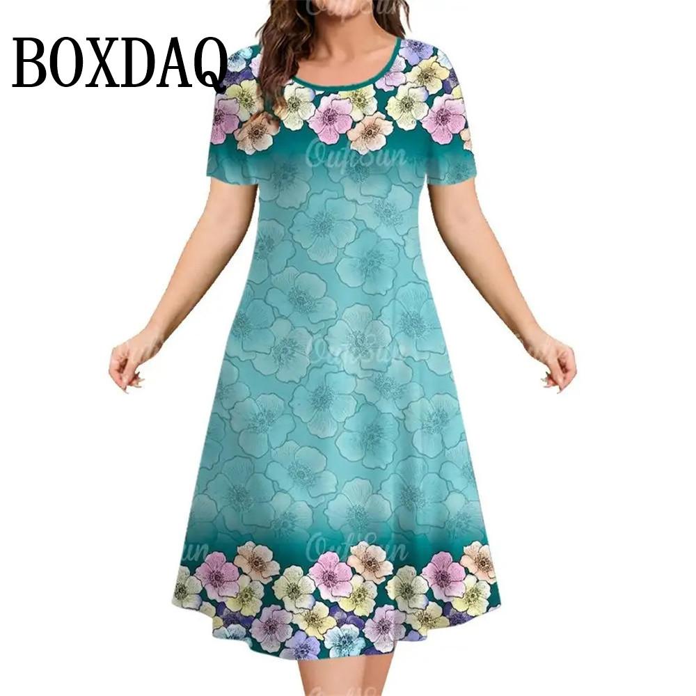 Summer Women's Dress Fashion Floral Pattern Short Sleeve Dresses Loose Plus Size Casual Round Neck Print Clothing Elegant Dress