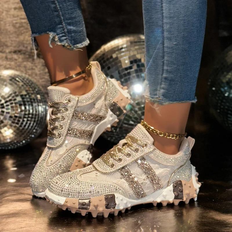 Fashion Breathable Casual Sporty Women's Single Shoes Spring Autumn Thick Bottom Leisure Sports Water Diamond Mesh Shoes Dad Sneakers
