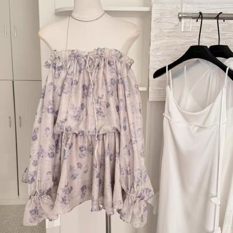 

Pure desire wind lotus leaf sexy new floral long-sleeved one-word slim and thin dress fairy skirt sweet XL