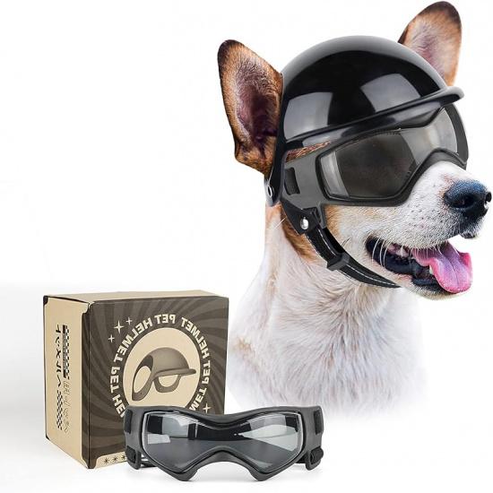 PETLESO Dog Goggles for Small Dogs with Helmet, 2pcs Dog Sunglasses and Dog Helmet Set for Small Medium Dog Outdoor Driving Walking, Black