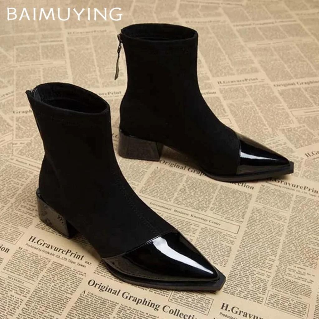 New Suede High Heel Pointed Short Boots, Women's Ankle Boots Thick Middle Heel Suede Shoes, French Splicing Single Boots