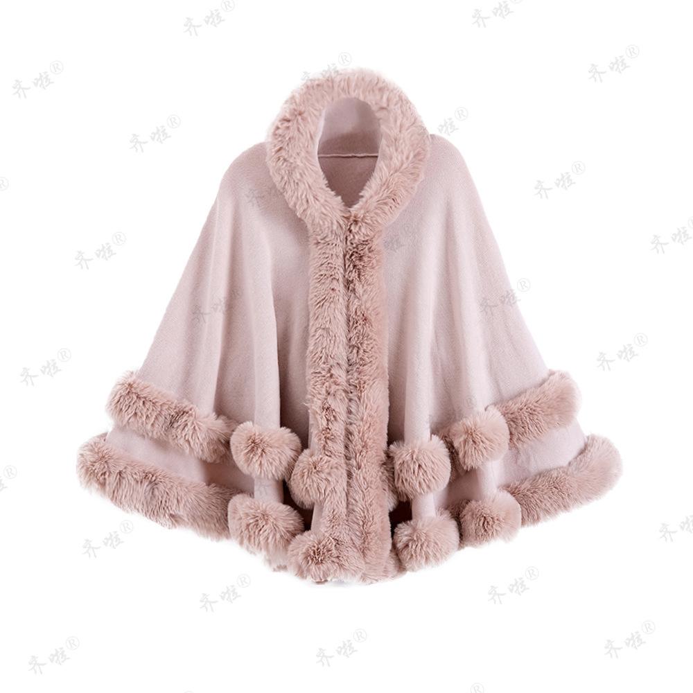 Women`s Hooded Poncho Cape Faux Fur
