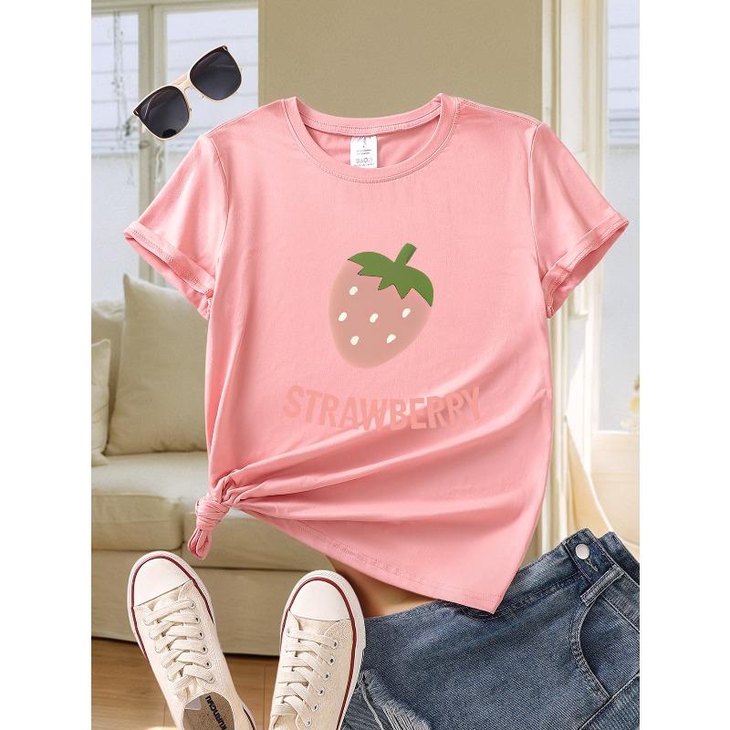 Women'S Short-Sleeve T-Shirt with Letter And Strawberry Print, a Trendy And Versatile Casual Top for Summer