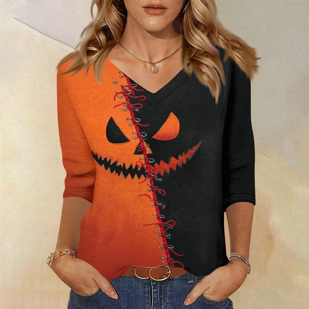Women Casual Halloween Print V Neck Top Three Quarter Sleeve Lightweight Loose Fit Pullover Shirt for Fall Seasonal Wear