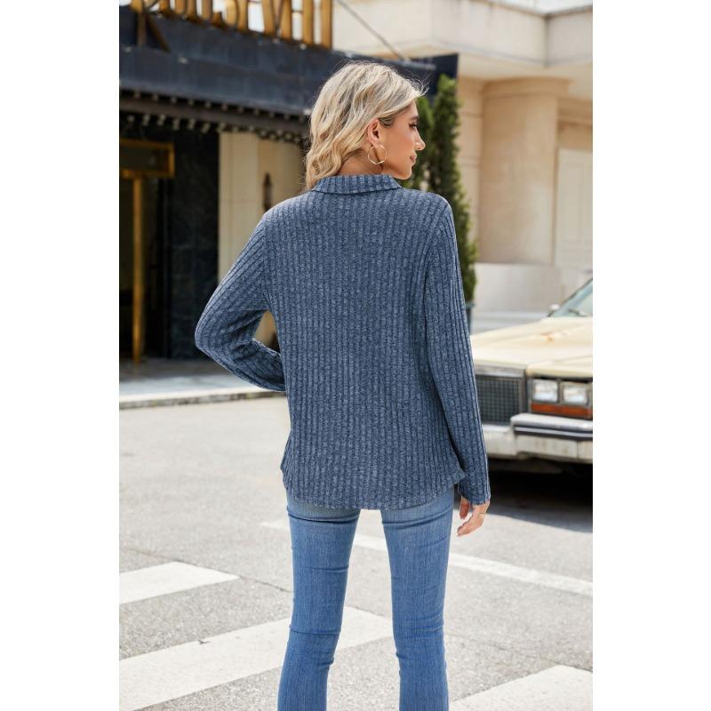 YYFS Women's Fashion Casual Spring Fall Solid Color Print Long Sleeve POLO Neck Blouses & Shirts