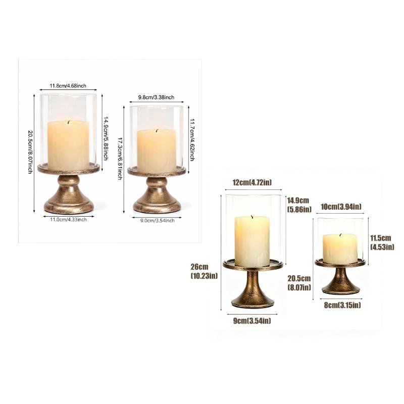 Conjunto de Castiçais à Prova de Vento para Mesa com Cúpula de Vidro Transparente e Bases em Tom Bronze para Centro de Mesa de Casamento, Decoração de Entrada para Casa