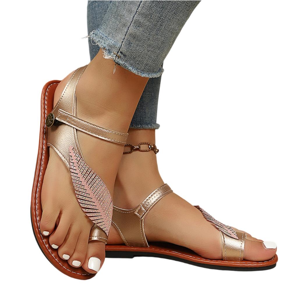 Summer Women Rhinestone Leaf Toe Post Adjustable Hook and Loop Casual Flat Beach Sandals Slip On Comfortable Footwear