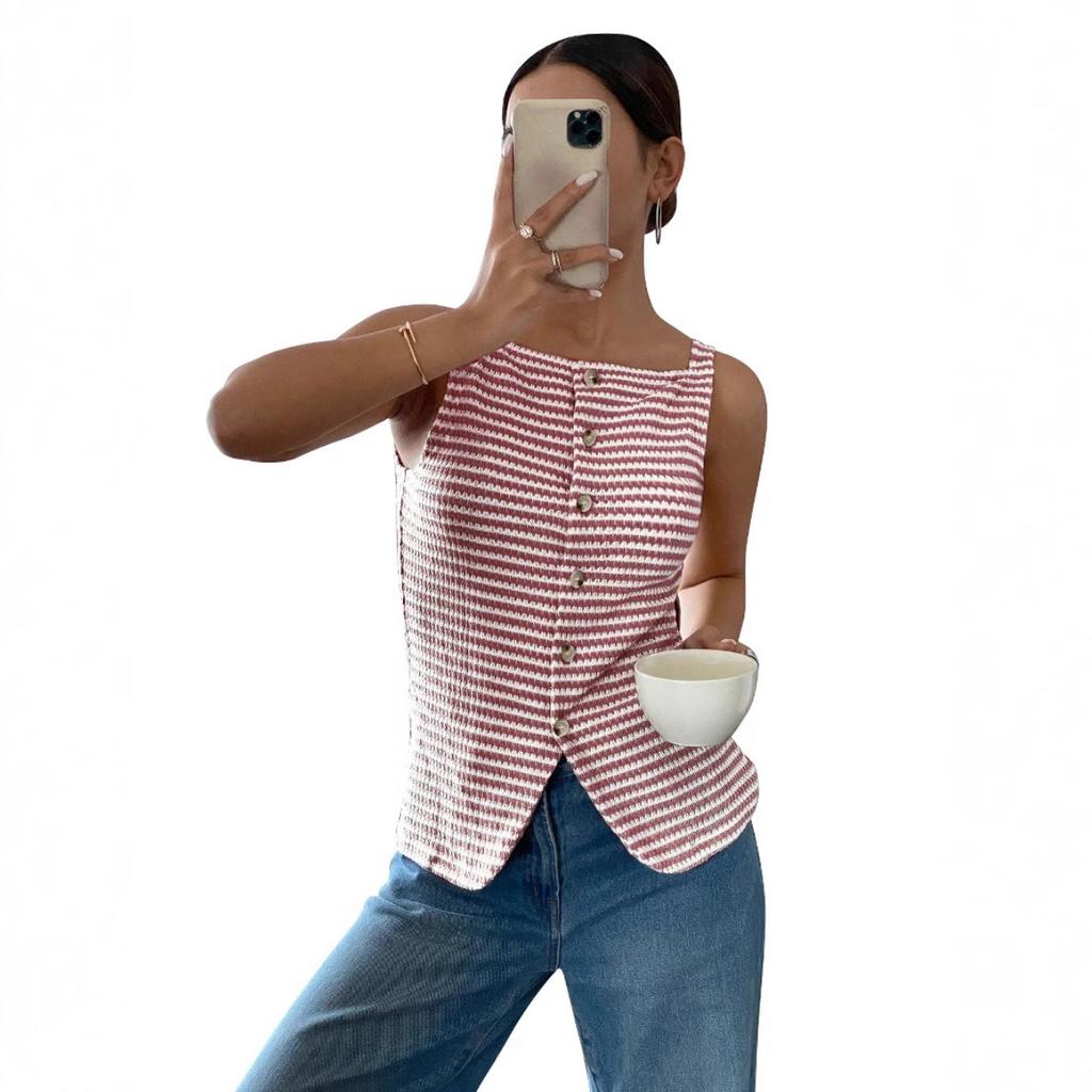 Summer New Women's Casual Button Sleeveless Camisole Tank Top, Leisure