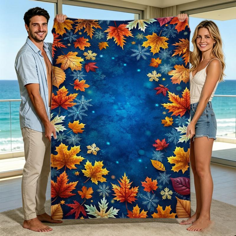 Harvest Pumpkin Maple Leaf Candle Fall Throw Blanket Patio Blanket Sunroom Nook Living Room Lounge Bedroom Den Presents
