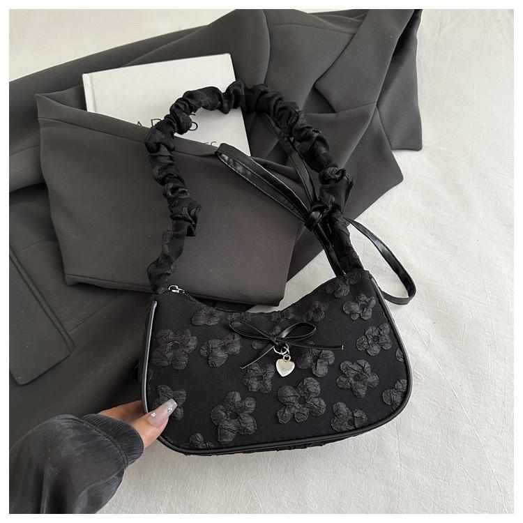 Sweet Korean Style Floral Jacquard Underarm Bag Women's Fashion Bow Heart Shoulder Bag with Ruffled Strap