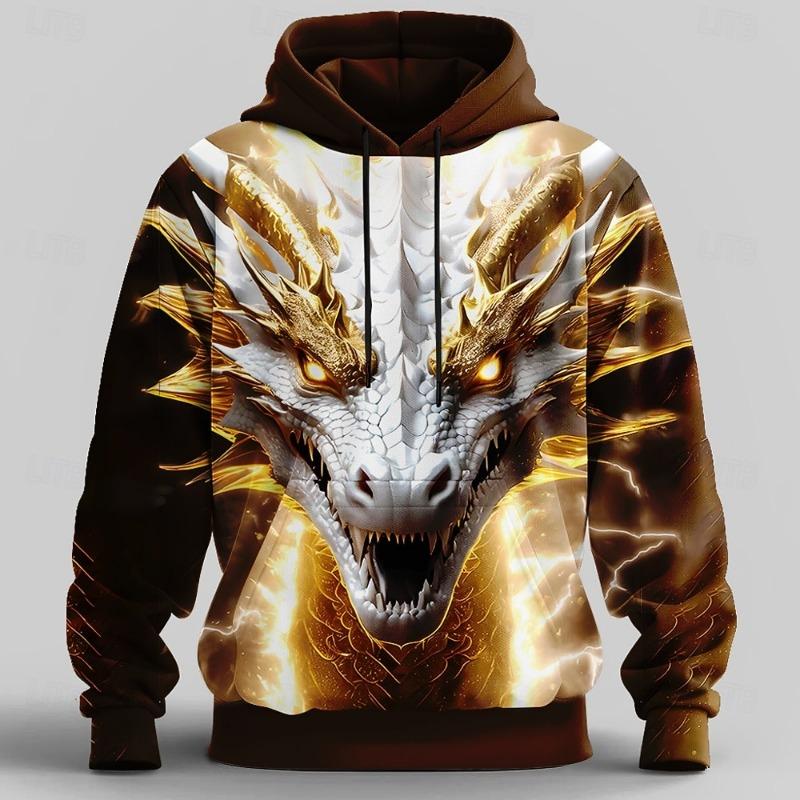 Men's Dragon 3D Hoodie Sweatshirt Cool Party Crew Neck Club Streetwear Gold Drawstring Fall Winter Designer hooded hoodies