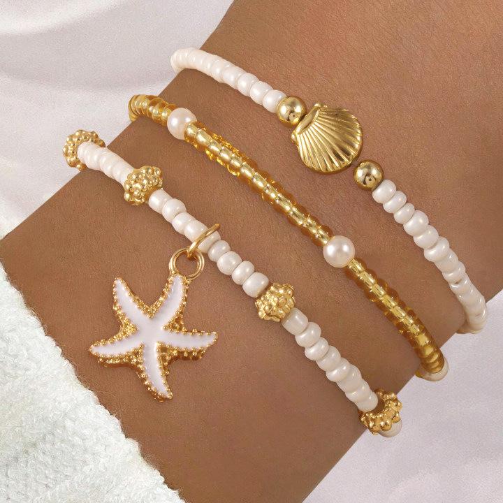 Bohemian Shell Starfish Bead Bracelet Set for Women Fashion Summer Beach Multilayer Stacked Bracelets Party Jewelry Gifts