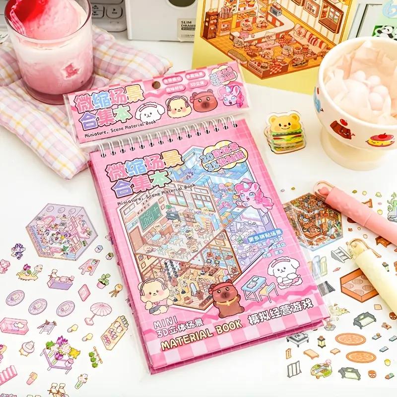 3D DIY Handmade Sticker Book 25 Sheets Miniature Scenery Scene Stickers Business Themed Stationery Scrapbooking Office School розовый