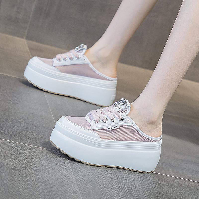 Baotou slippers women's shoes will be popular in 2025, breathable mesh yarn, rhinestone thick sole will increase by 8 cm, fashion trend is versatile