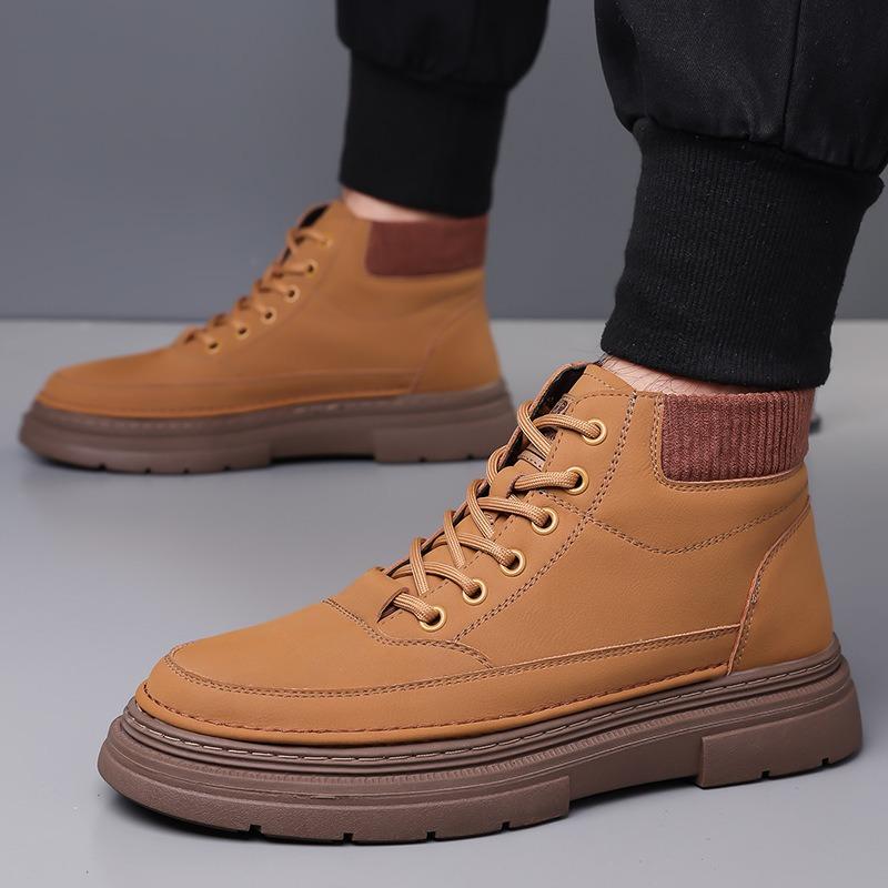 Fashion Designer Leather Velvet Warm Platform Boots for Men Autumn Winter Soft-soled Men's Cotton Shoes Fashion Yellow Ankle Boots Male