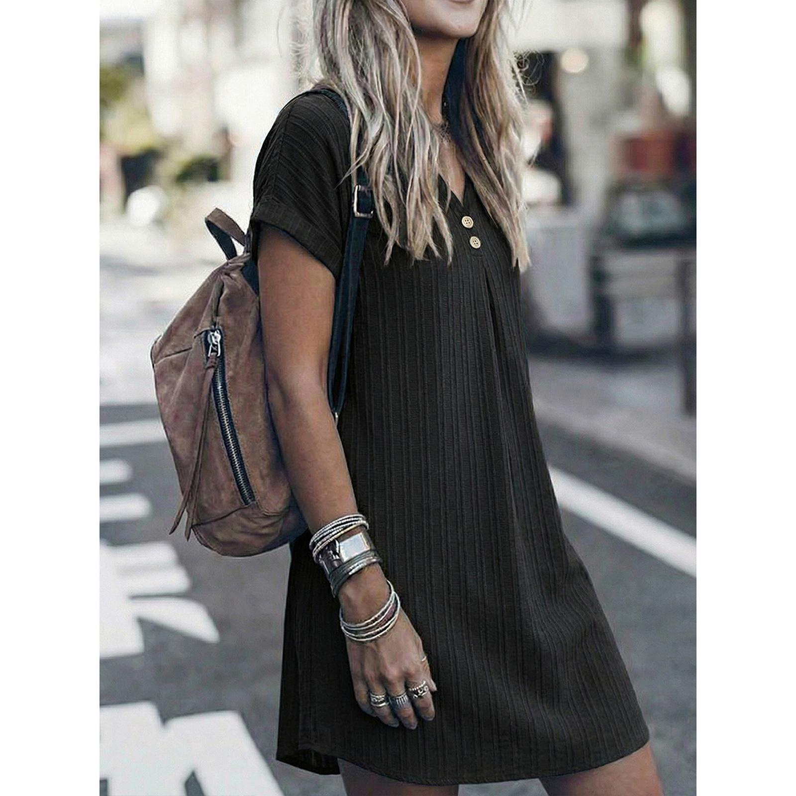 Women s Striped Shirt Dress Short Sleeve Button Front Casual Loose Fit Dress L