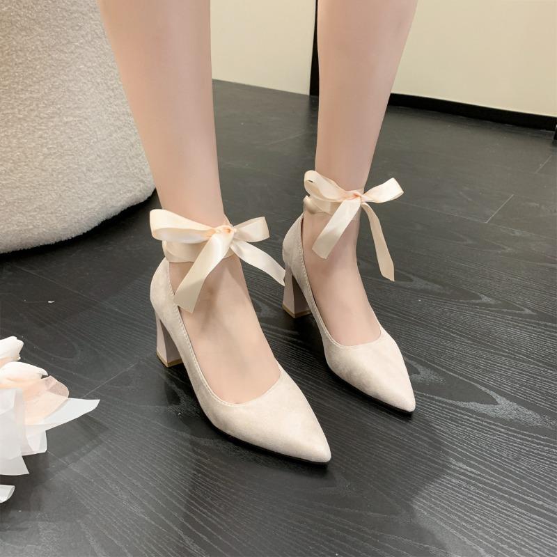 Fashion Temperament Block Heel Single Shoes Autumn New Pointed Toe Shallow Suede Bare Strappy Non-slip High Heels