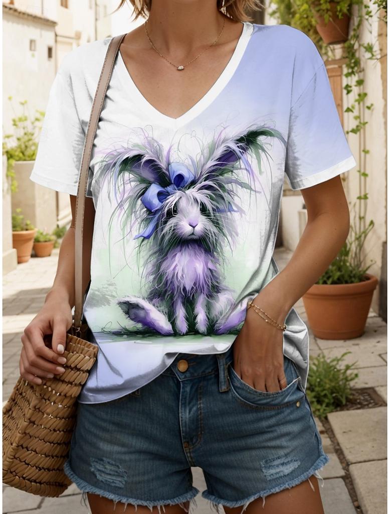 Women's T Shirt Graphic Animal Vintage Stylish Classic Short Sleeve V Neck Regular Tops Daily Print Woman Clothes Tops for Woman